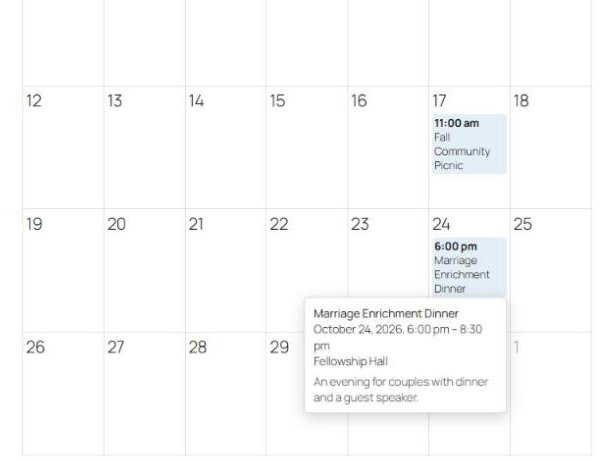 The events calendar a visitor sees, with details on hover