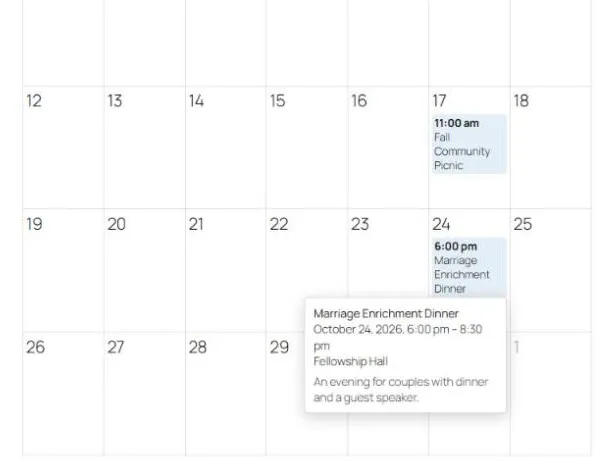 The events calendar a visitor sees, with details on hover