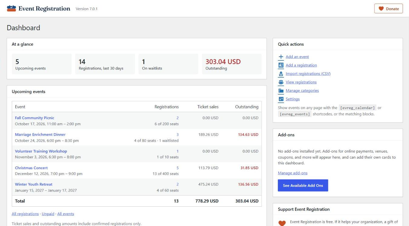 The Event Registration dashboard: upcoming events, registrations, waitlists and money still owed