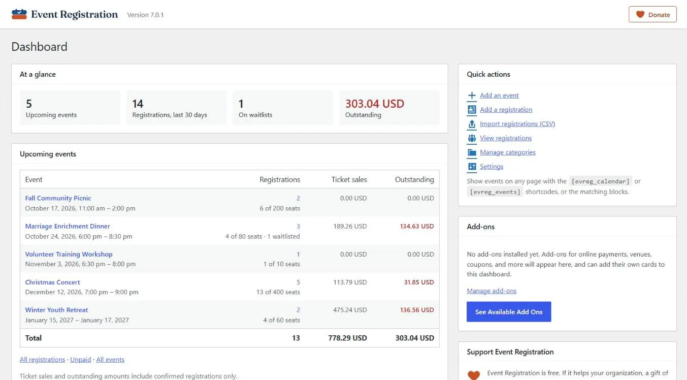 The Event Registration dashboard: upcoming events, registrations, waitlists and money still owed