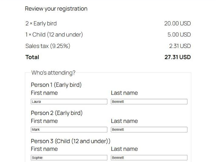 Registering: a total with sales tax and a name for each person