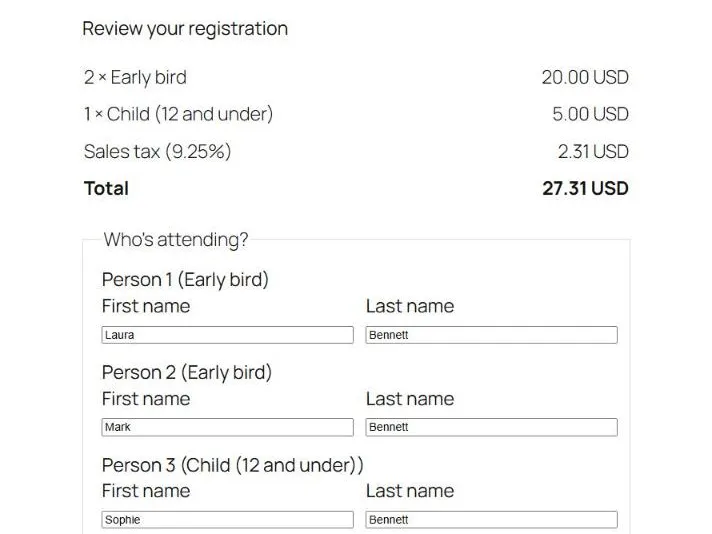 Registering: a total with sales tax and a name for each person