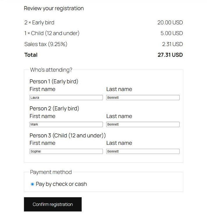 The registration form: a total with sales tax, a name for each person, and how to pay
