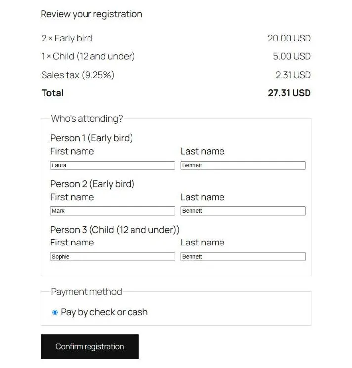 The registration form: a total with sales tax, a name for each person, and how to pay