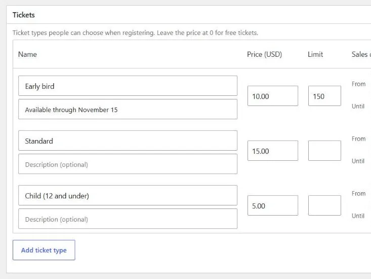 Ticket types with prices, limits and sales dates
